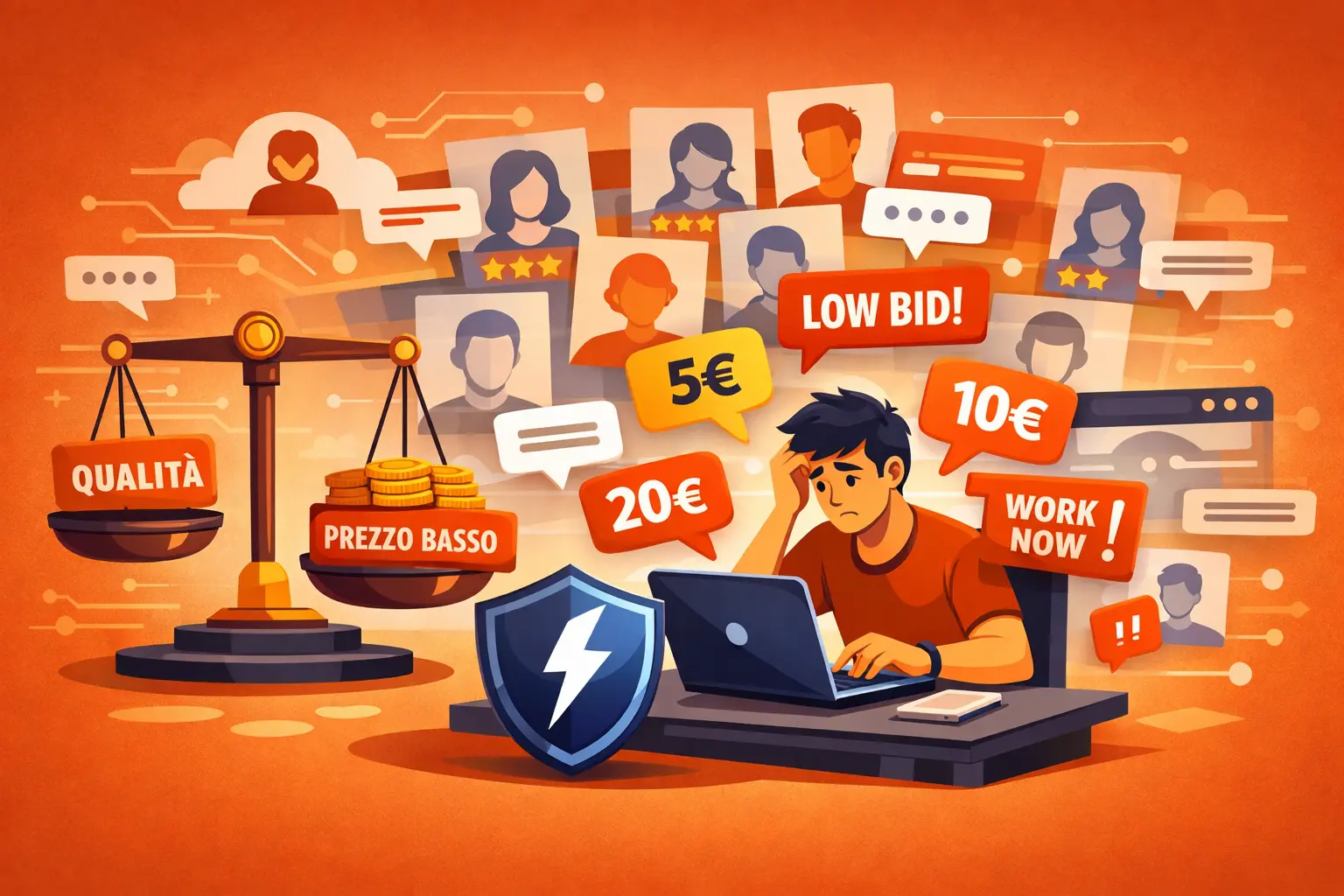 Un web developer che utilizza le piattaforme freelance è frustrato perché è costretto a lavorare per pochi euro favorendo i prezzi bassi a discapito della qualità